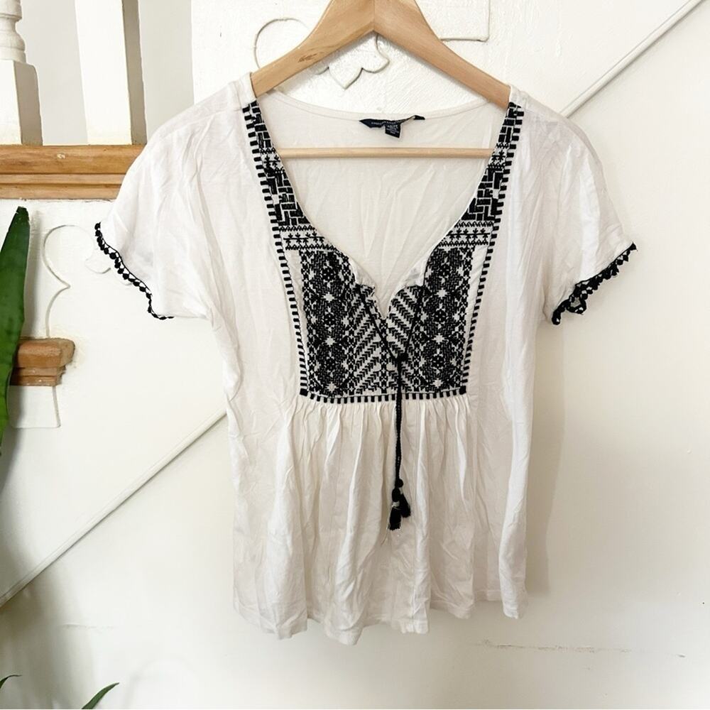 American Eagle Outfitters White Navy Blue Cotton Blend Peasant Blouse Size XS